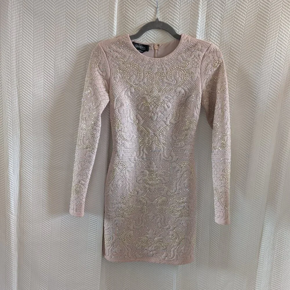 Bebe Addiction Dusty Rose Pink Bejeweled Bodycon Mini Dress Long Sleeve Size XXS - Picture 5 of 12